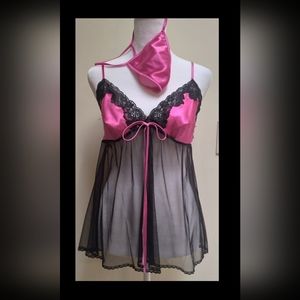 Vintage Fredericks of Hollywood Pink & Black Lace Babydoll Lingerie Medium